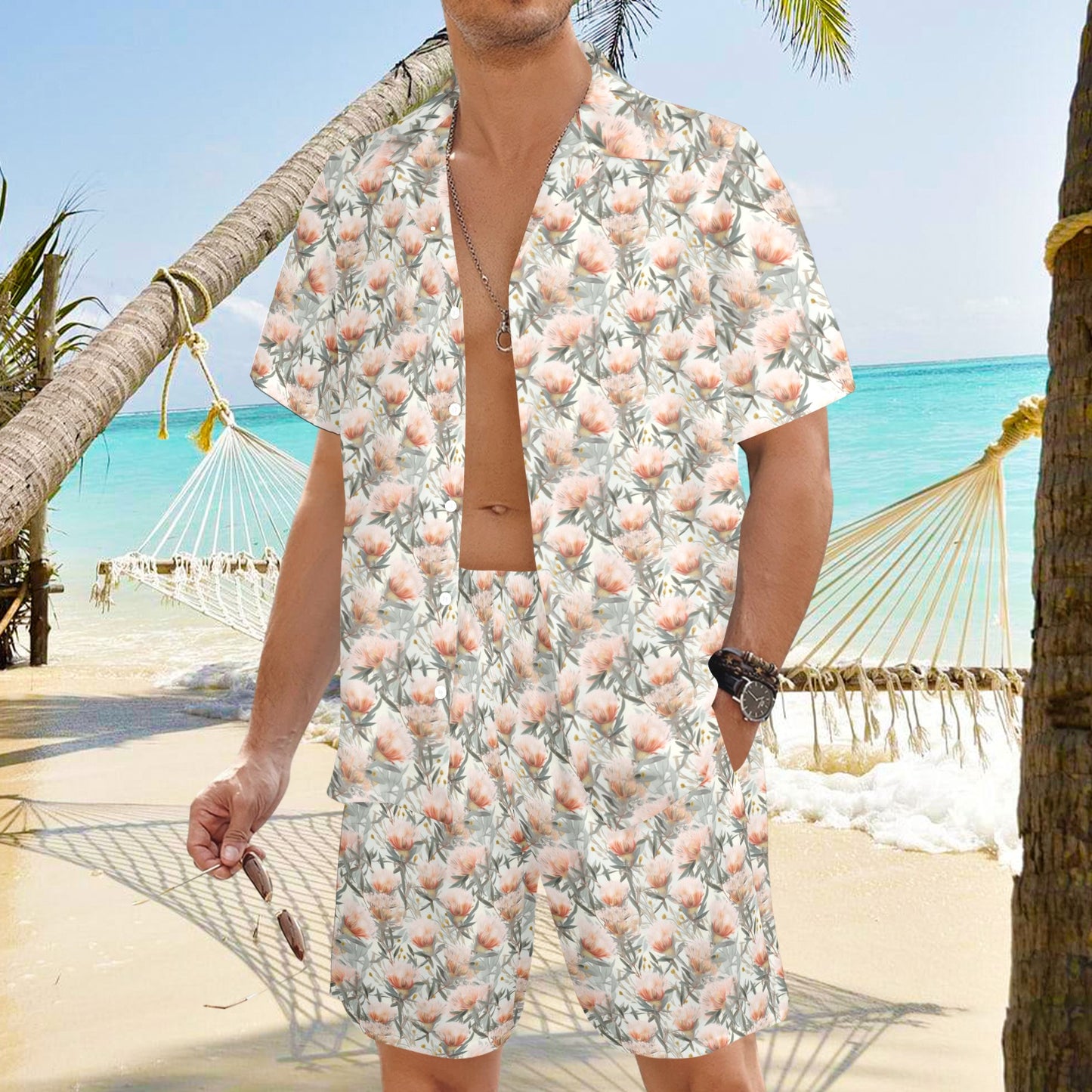 Men's Shirt & Shorts Set Australian Floral Men's Shirt and Shorts Outfit (Set26)