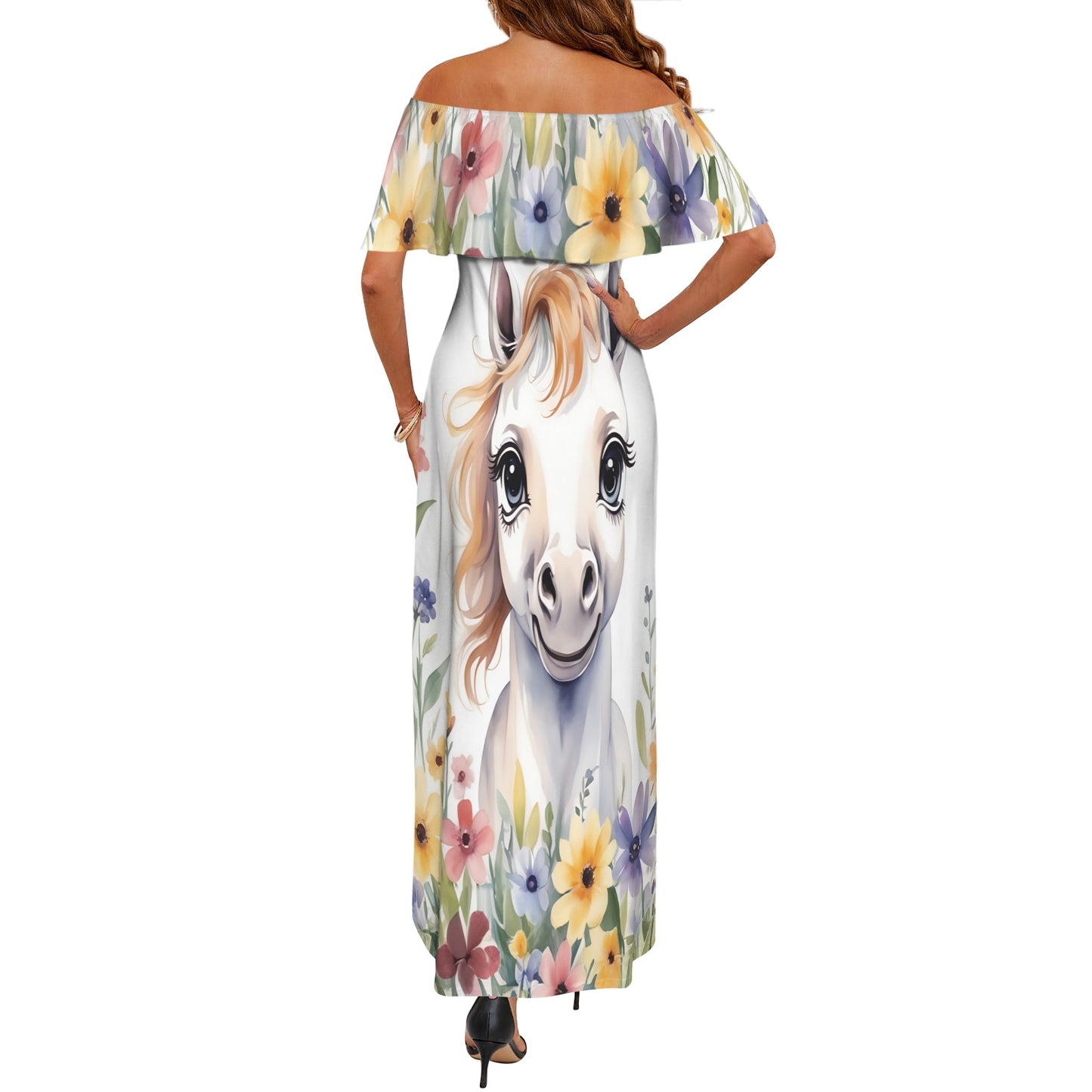 Horse awd304 Women's Off Shoulder Ruffle Boat Neck Dress (Model D71)