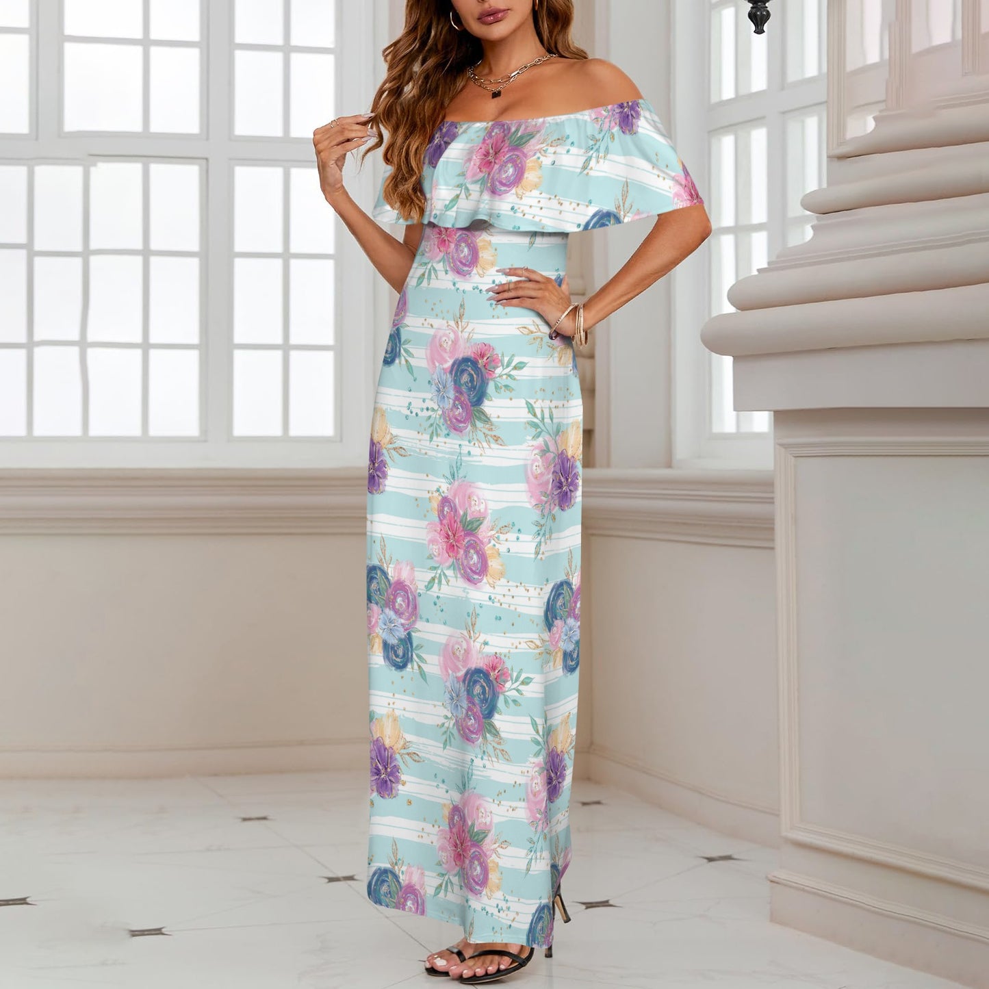 Purple and Pink floral Blue Stripes Women's Off Shoulder Ruffle Boat Neck Dress (Model D71)