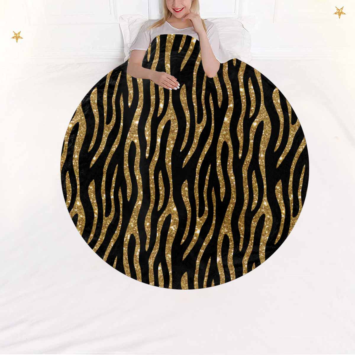 Black and Gold Glitter Leopard Print  Circular Micro Fleece Blanket 47"