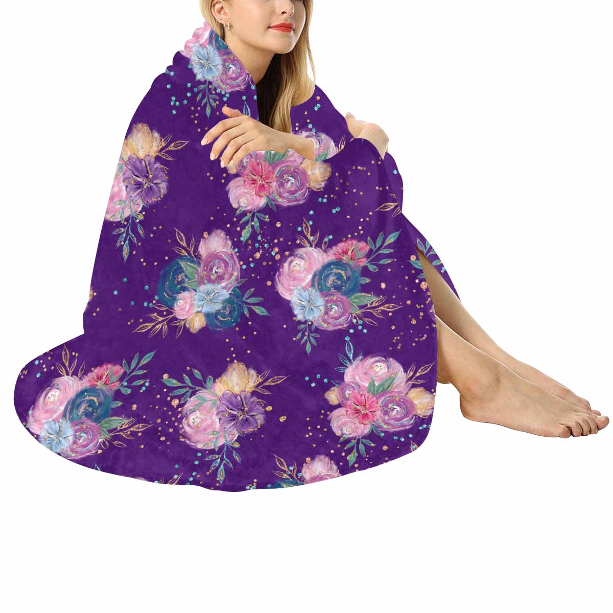 Purple Floral  Circular Micro Fleece Blanket 60"