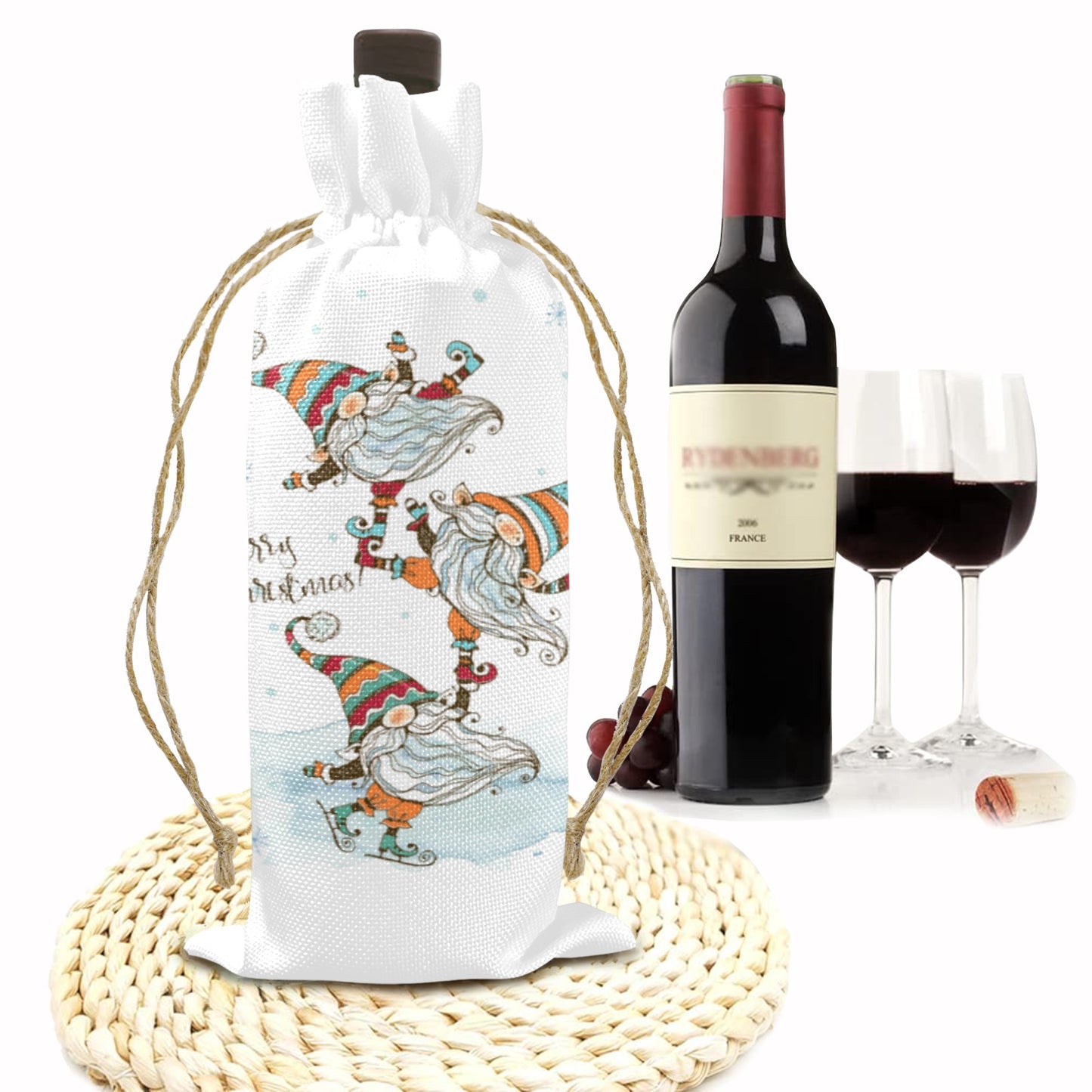 Merry Christmas Whimsical Gnomes Linen Wine Bottle Bag