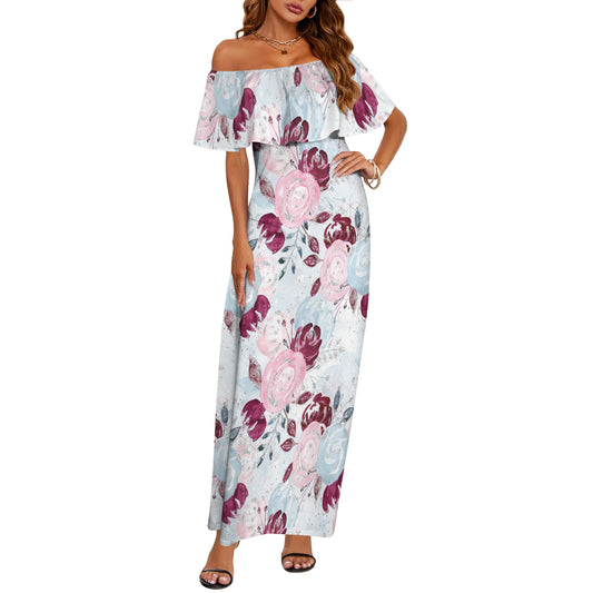 Roses Pink Blue Women's Off Shoulder Ruffle Boat Neck Dress (Model D71)