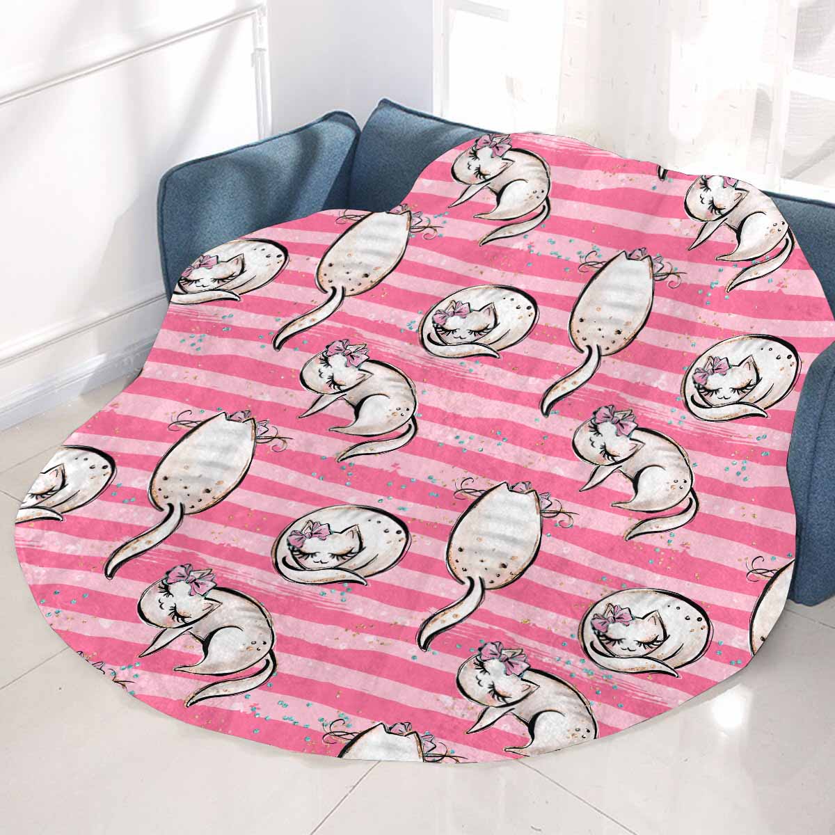 Pink Cats  Circular Micro Fleece Blanket 47"