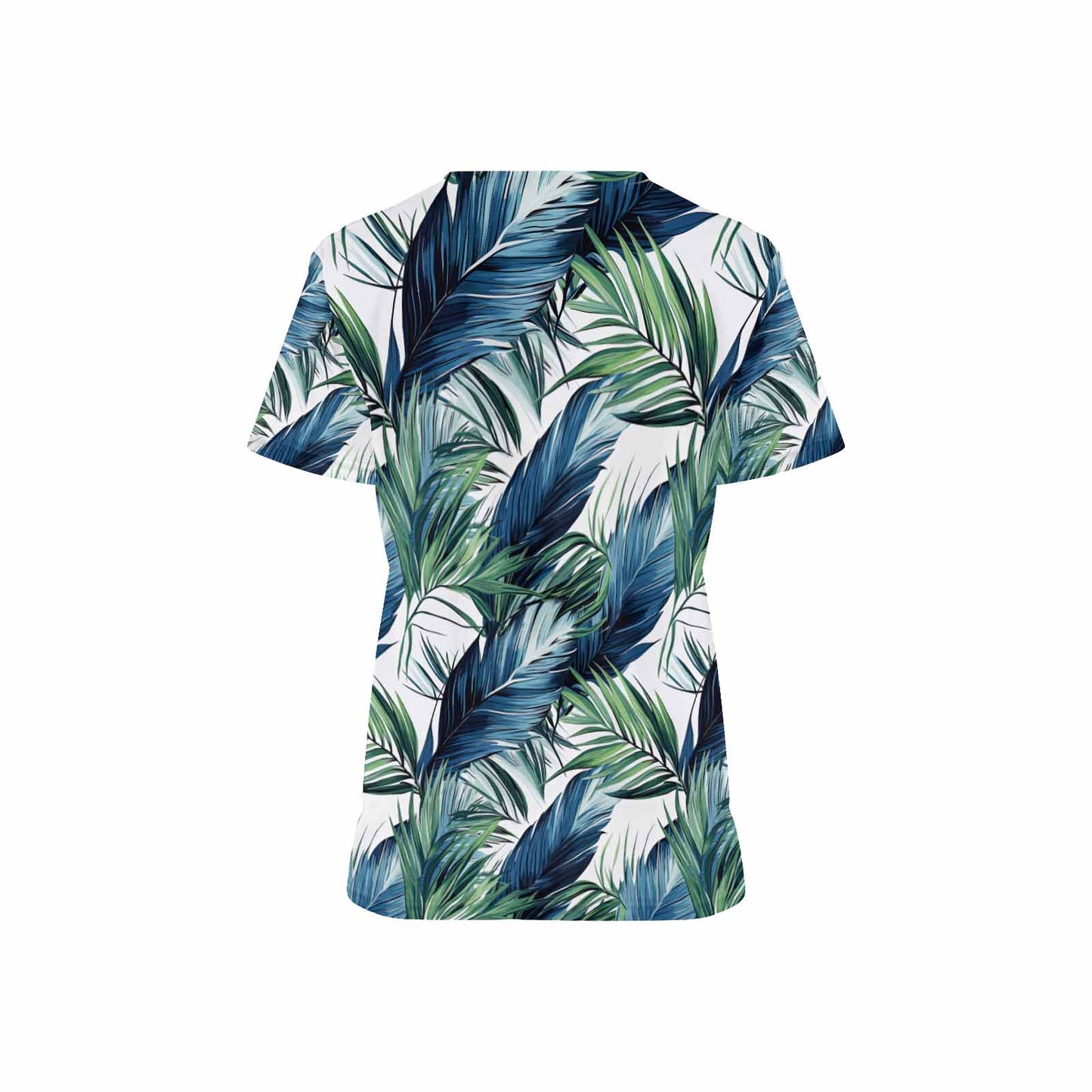 Tropical Leaves Blue and Green   Women's V Neck Scrub Top Nurse Uniform with Deep Front Pockets