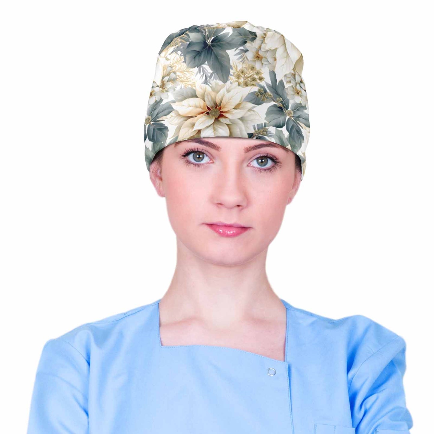 Nurse Scrub Cap Cream Poinsettia  Scrub Cap