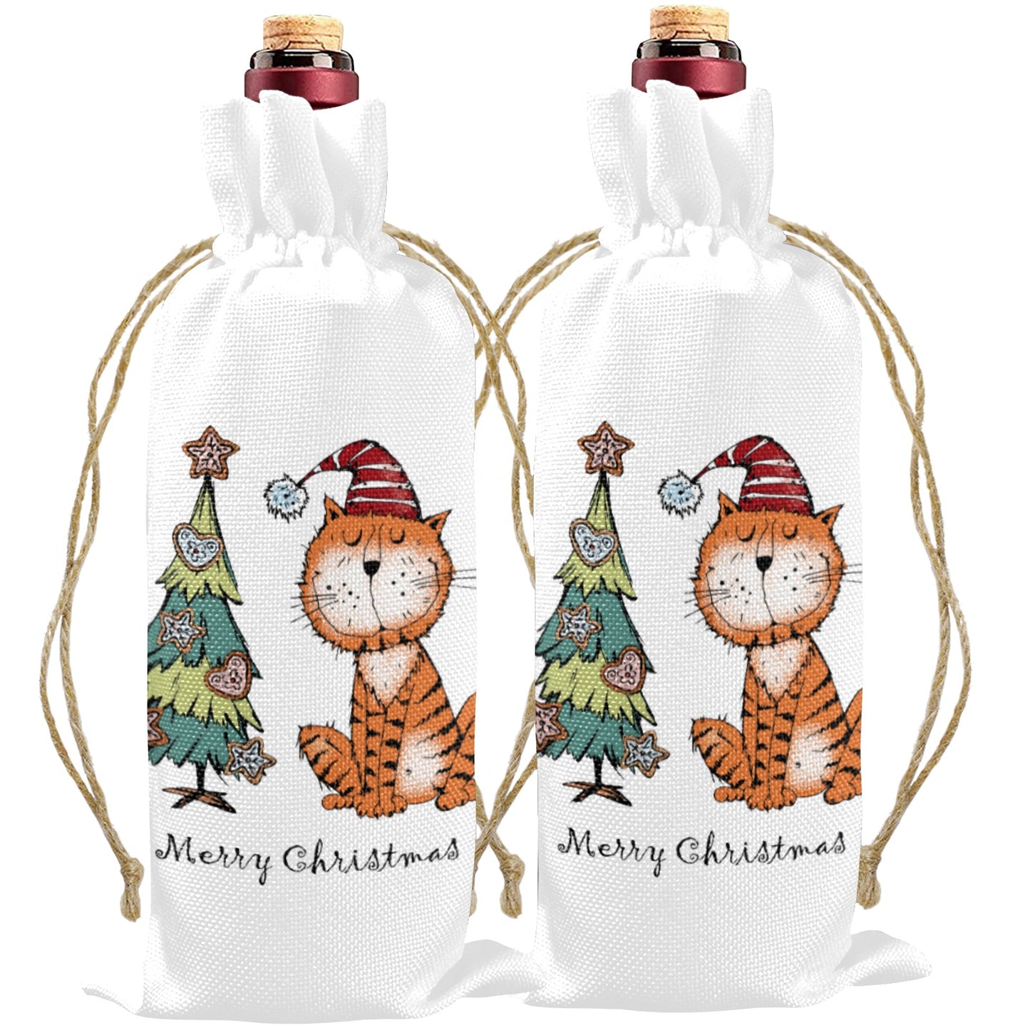 Merry Christmas Whimsical Cat Linen Wine Bottle Bag