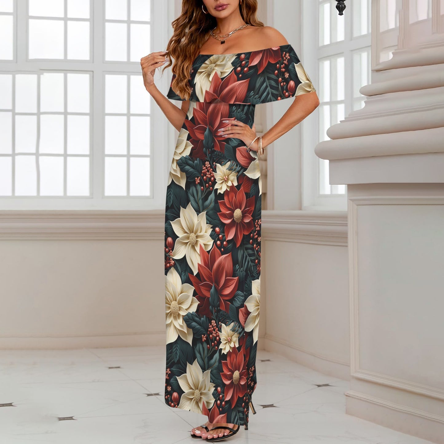 Red Poinsettia Women's Off Shoulder Ruffle Boat Neck Dress (Model D71)