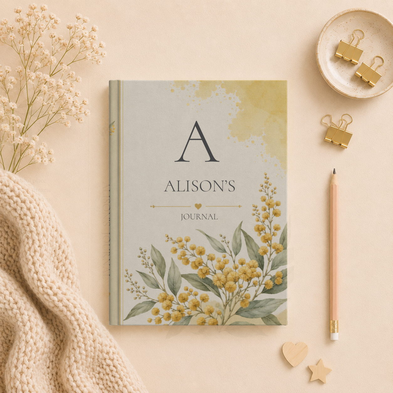 Personalized Hardcover Journal, Customizable Matte Notebook, Gift for Writers, Golden Wattle Floral Design Diary, Stationary Gift