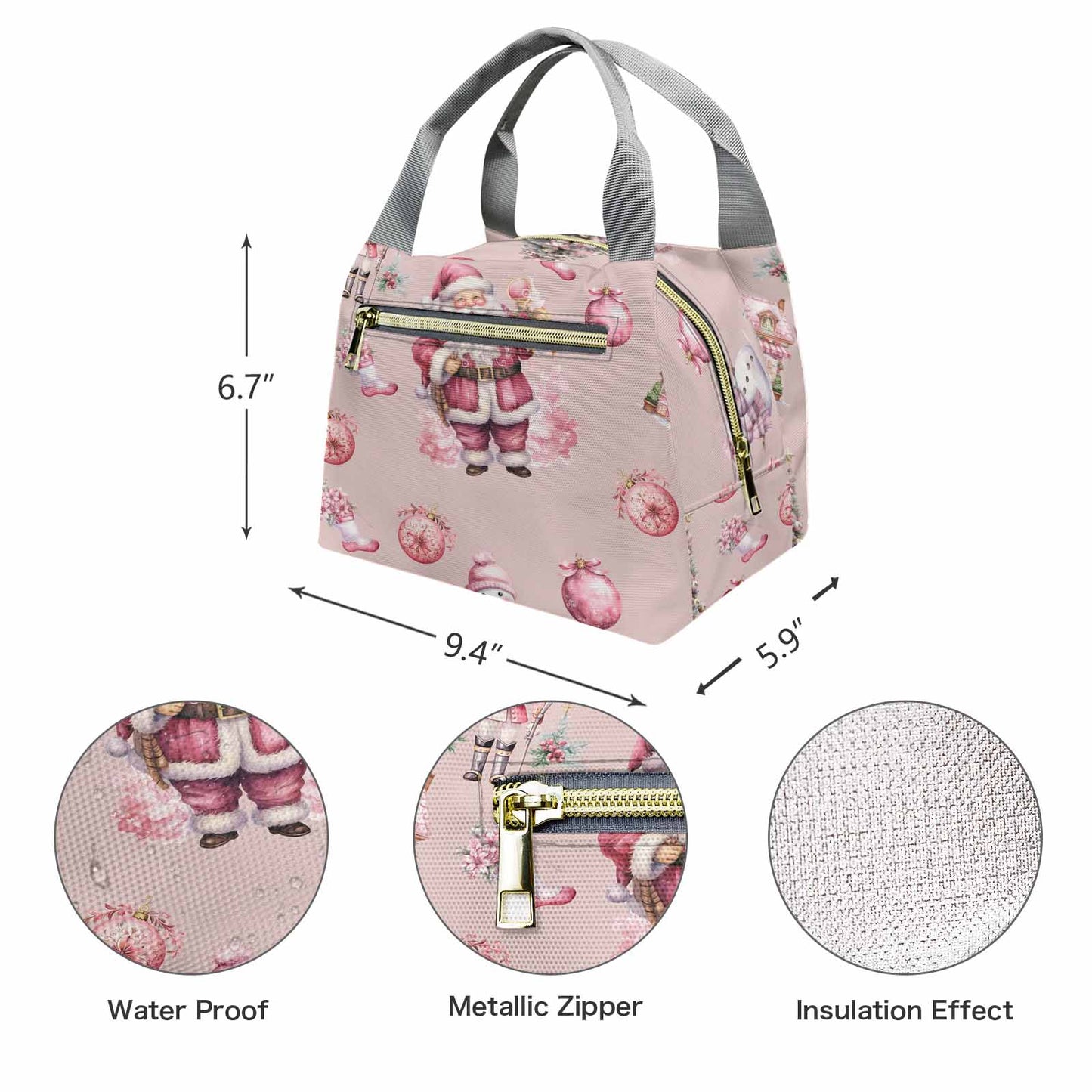 Pink Christmas design 50  Portable Lunch Bag-Grey Handle