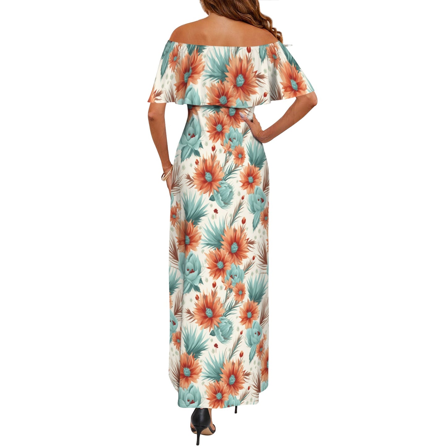 Boho Floral Women's Off Shoulder Ruffle Boat Neck Dress (Model D71)