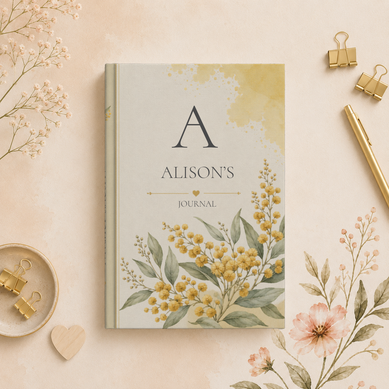 Personalized Hardcover Journal, Customizable Matte Notebook, Gift for Writers, Golden Wattle Floral Design Diary, Stationary Gift