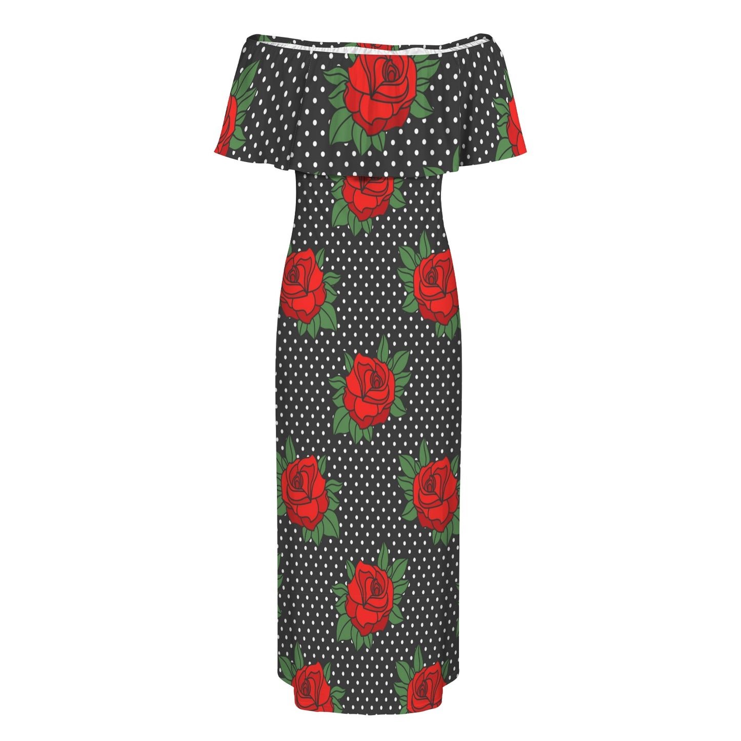 Rockabilly Roses- Red Black White Women's Off Shoulder Ruffle Boat Neck Dress (Model D71)