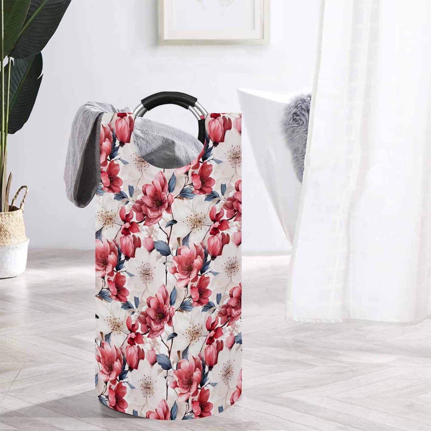 Pink Floral Small  Round Laundry Basket
