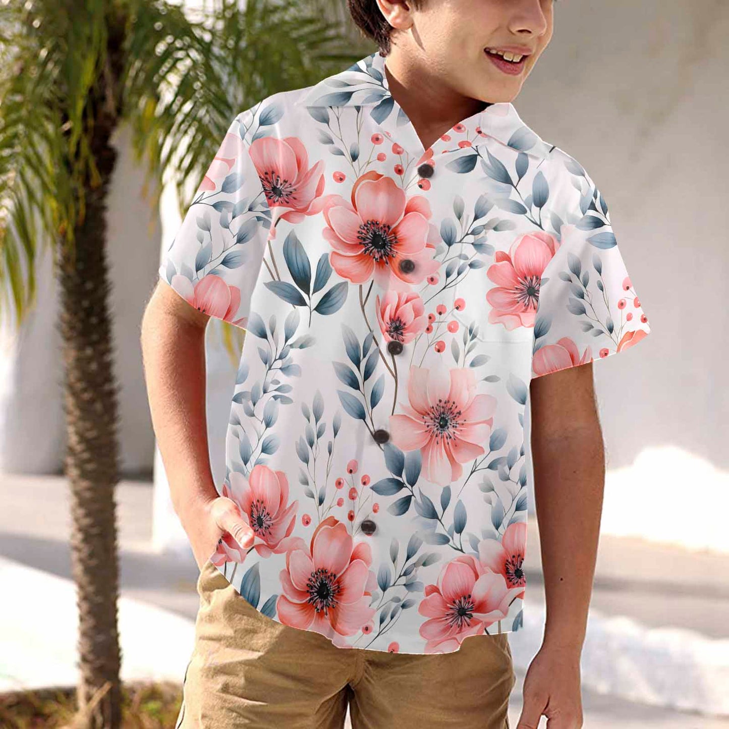 Apricot and Grey Floral  Little Boys' Hawaiian Shirt (Model T58)
