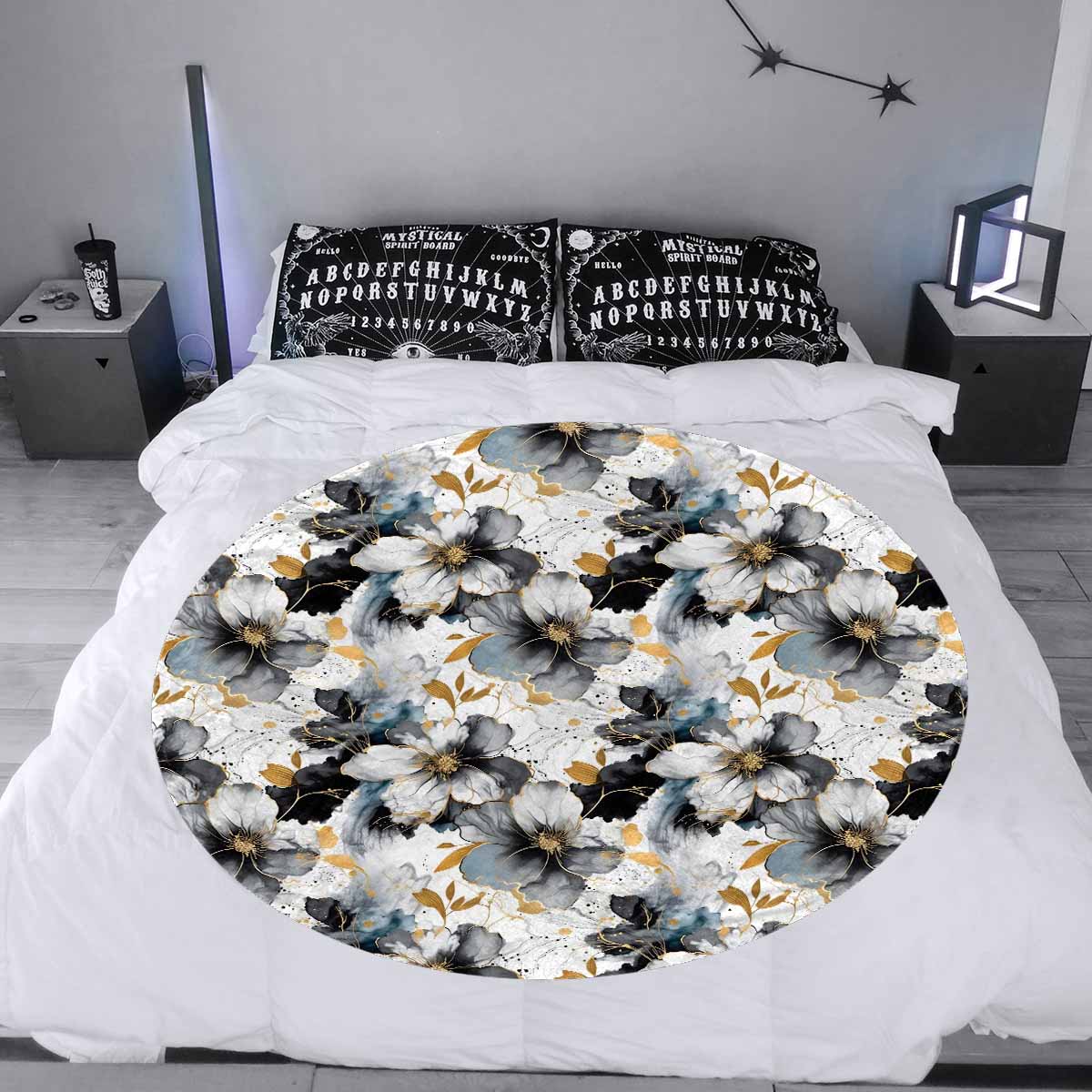 Black White and Gold  Circular Micro Fleece Blanket 47"