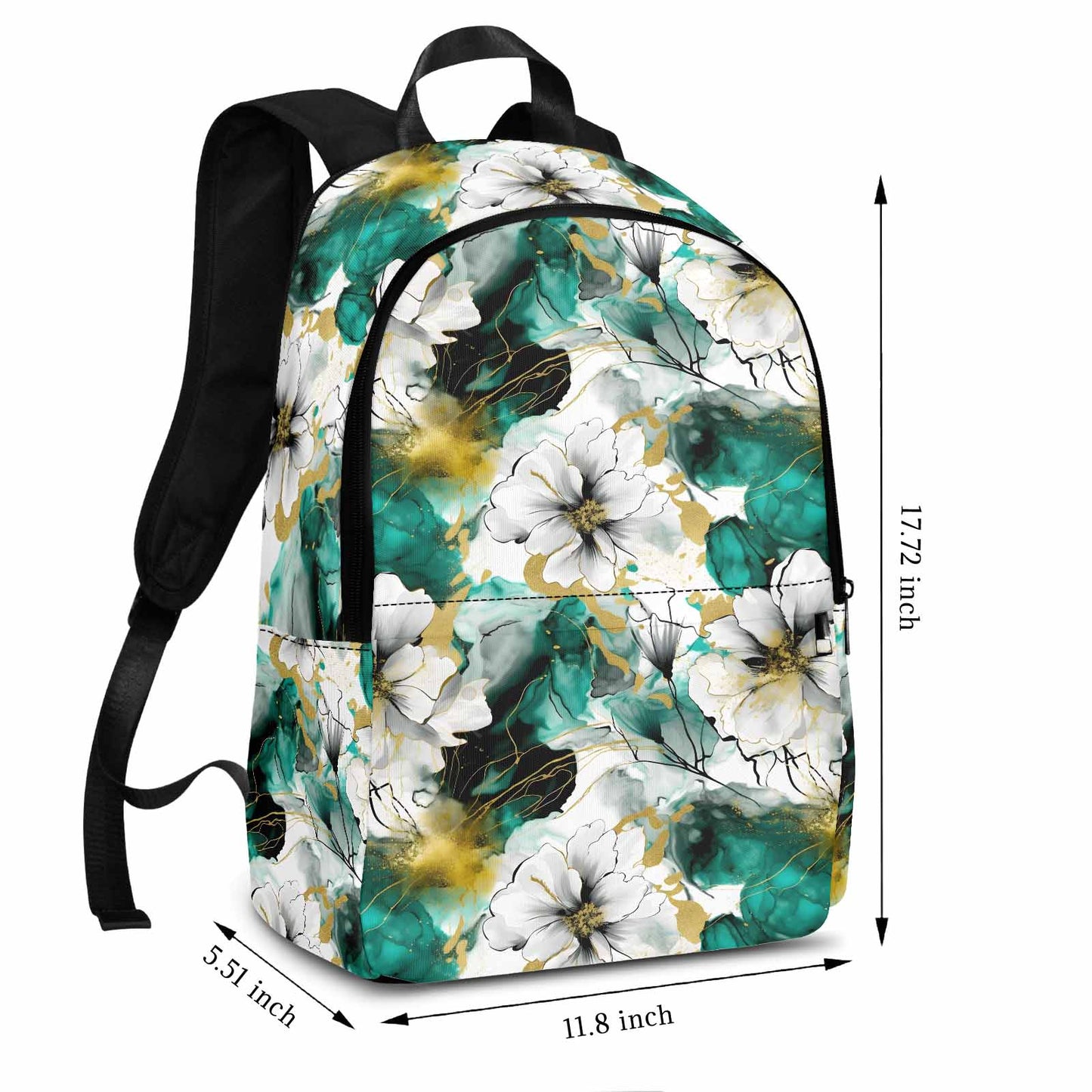 Green and White Ink Floral Adult Casual Backpack