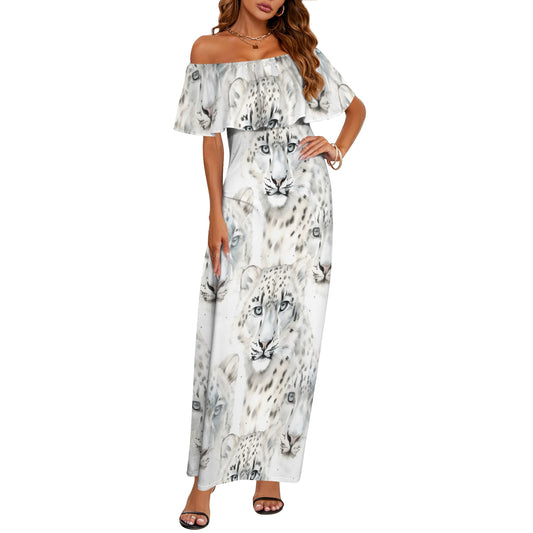 Leopard Women's Off Shoulder Ruffle Boat Neck Dress (Model D71)