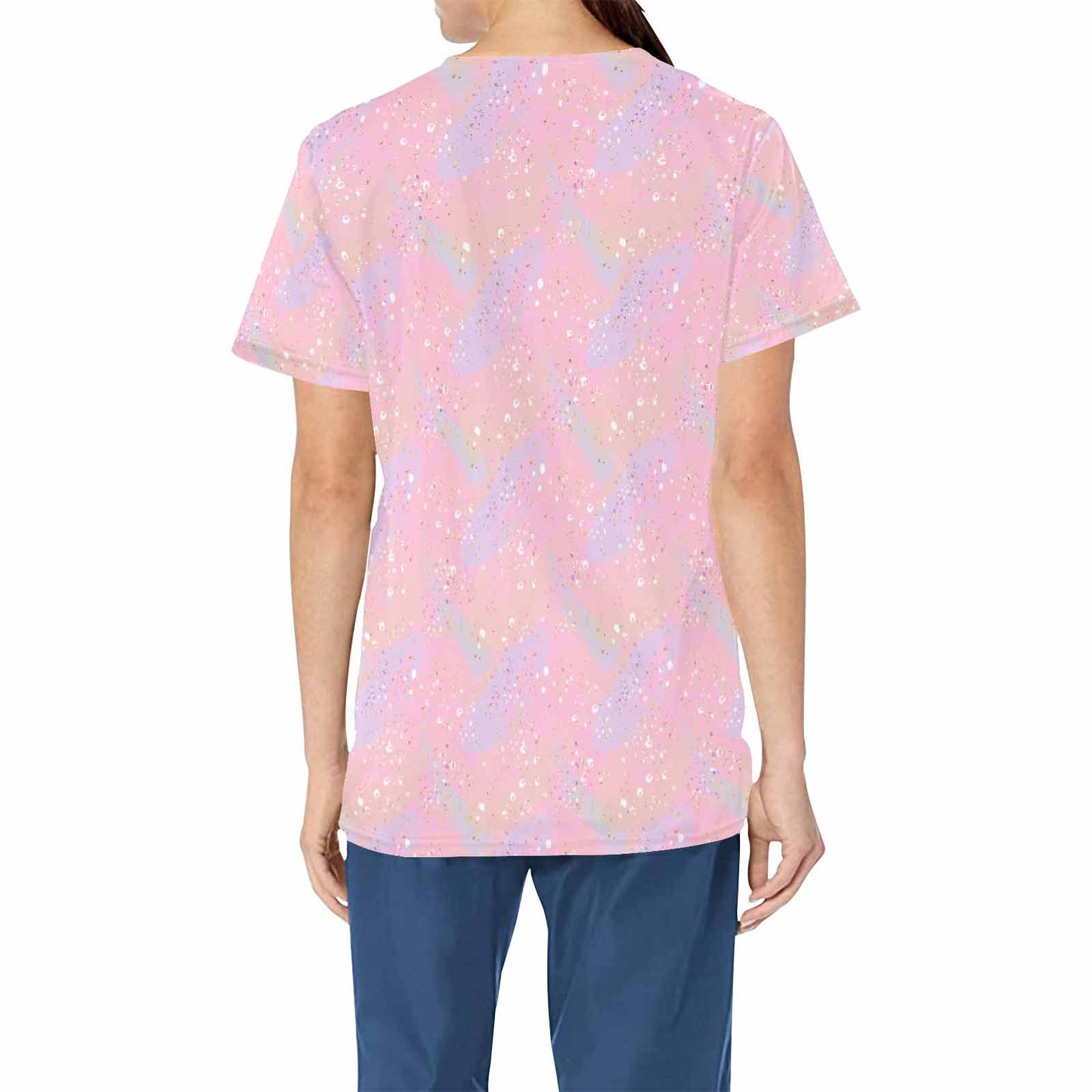 Pink Splashes  Women's V Neck Scrub Top Nurse Uniform with Deep Front Pockets