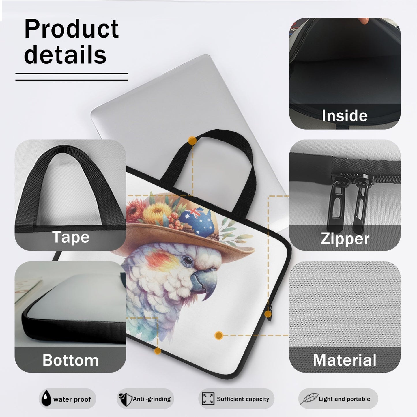 Laptop Sleeve with Handles - Australian Animals - Cockatoo