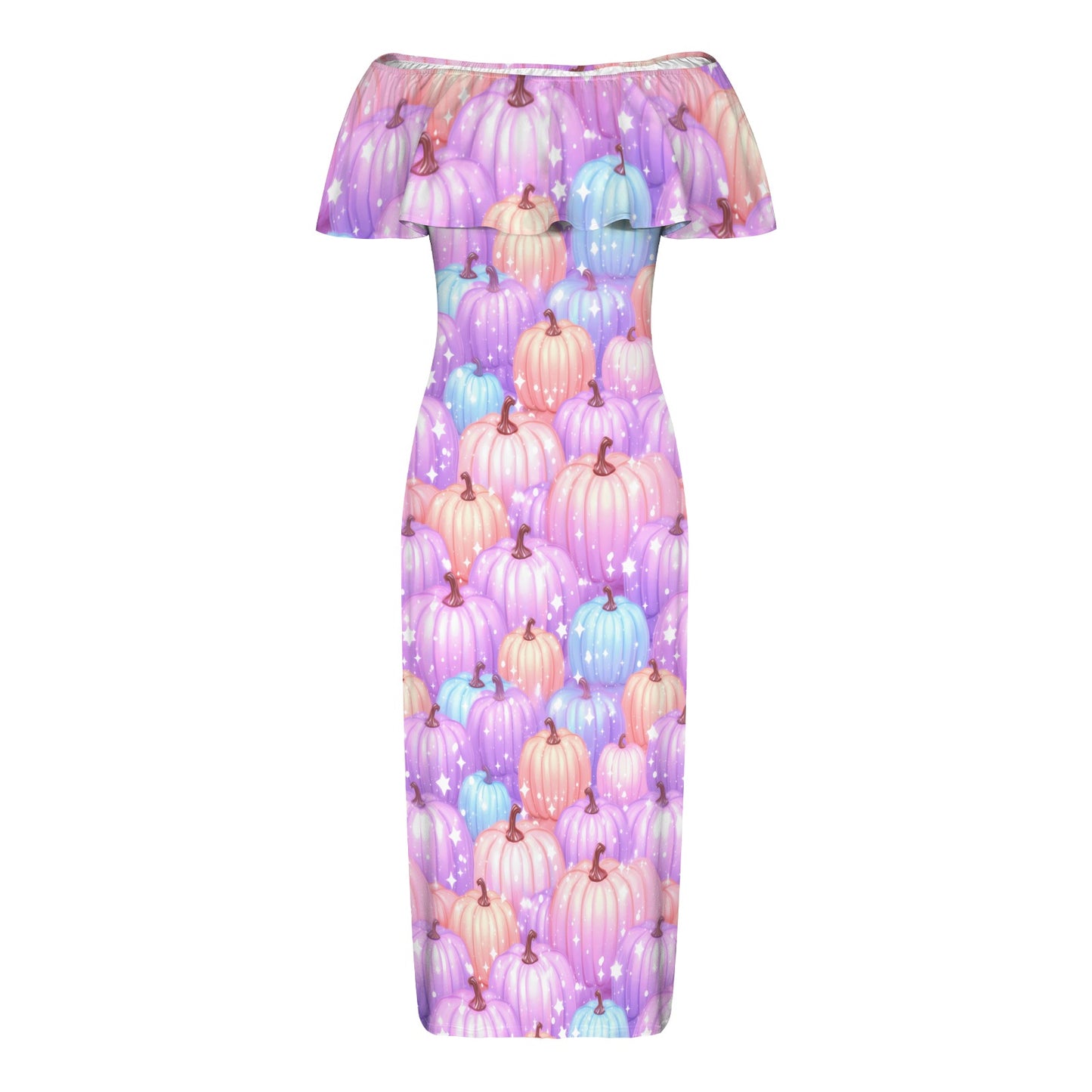 Pastel Pumpkin Women's Off Shoulder Ruffle Boat Neck Dress (Model D71)