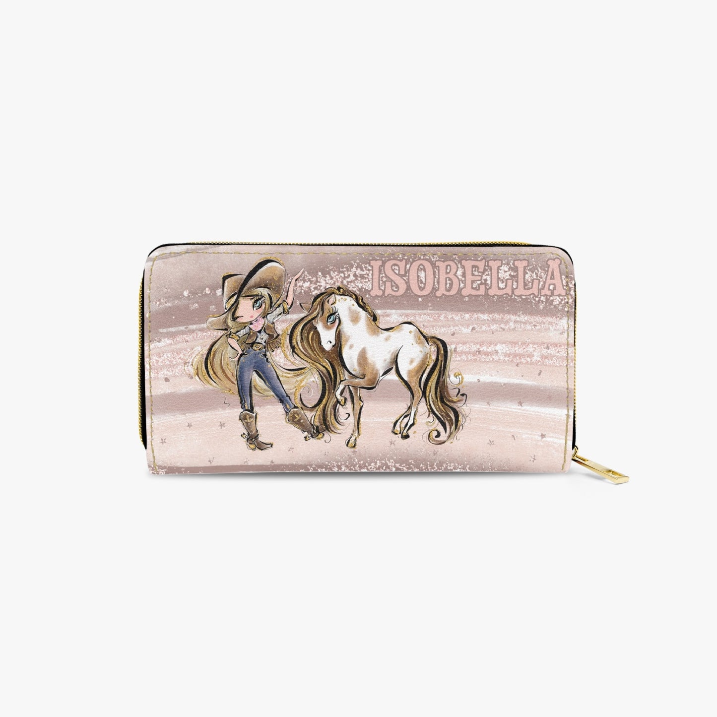 Long Type Zipper Purse, Howdy, Cowgirl & Horse, Blonde Hair Blue Eyes, Personalised