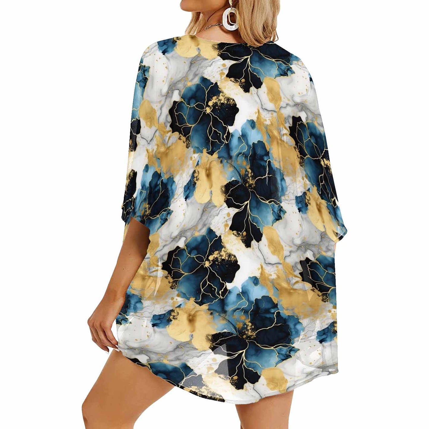 Blue Ink Floral Women's Kimono Chiffon Cover Up