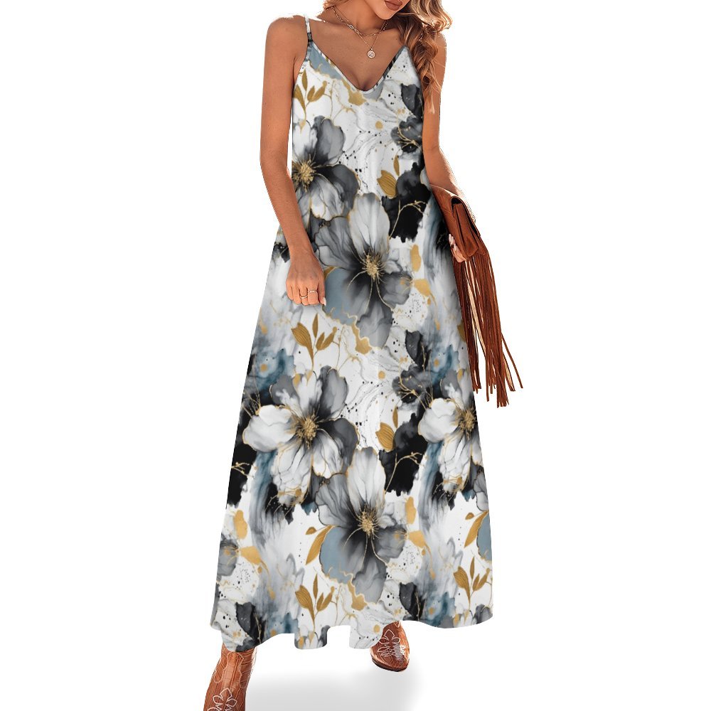 Alcohol Ink Floral Spaghetti Strap Ankle-Length Dress Long dress