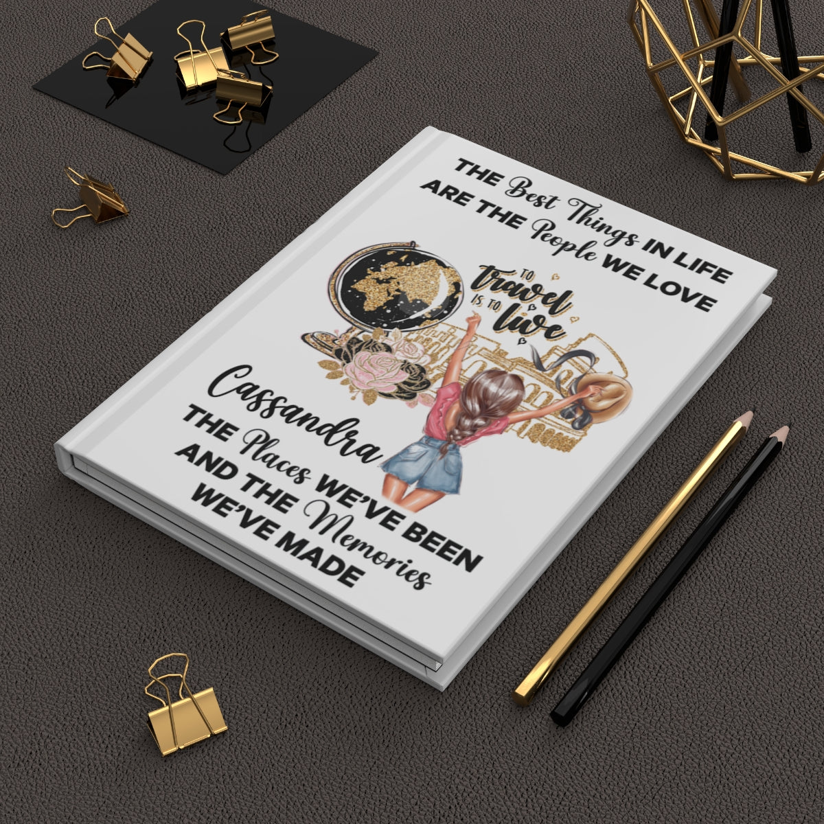 Personalised Hardcover Travel Journal Matte, Globe with Girl, The Best things in Life