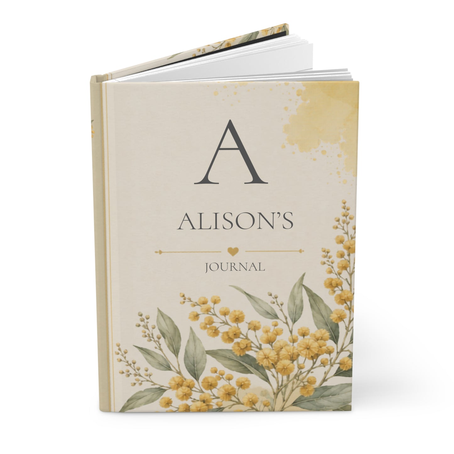 Personalized Hardcover Journal, Customizable Matte Notebook, Gift for Writers, Golden Wattle Floral Design Diary, Stationary Gift