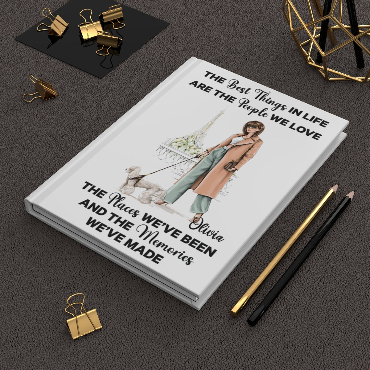 Personalized Travel Journal, Hardcover Matte, Parisian Style, Brunette Woman with Poodle, Stylish Personalized Gift