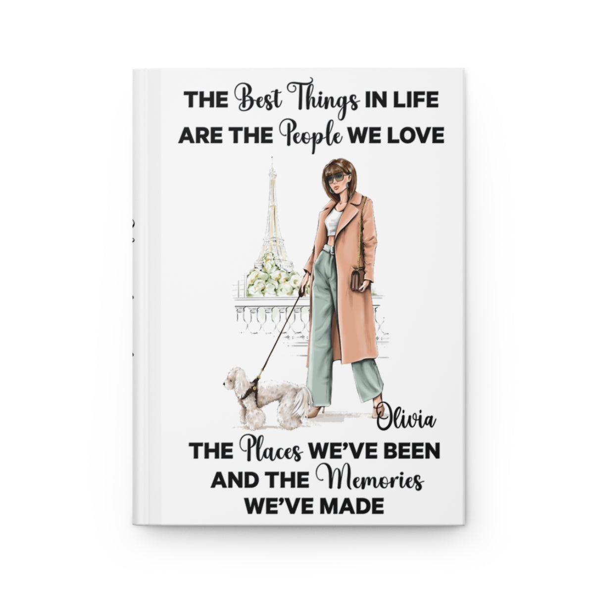 Personalized Travel Journal, Hardcover Matte, Parisian Style, Brunette Woman with Poodle, Stylish Personalized Gift