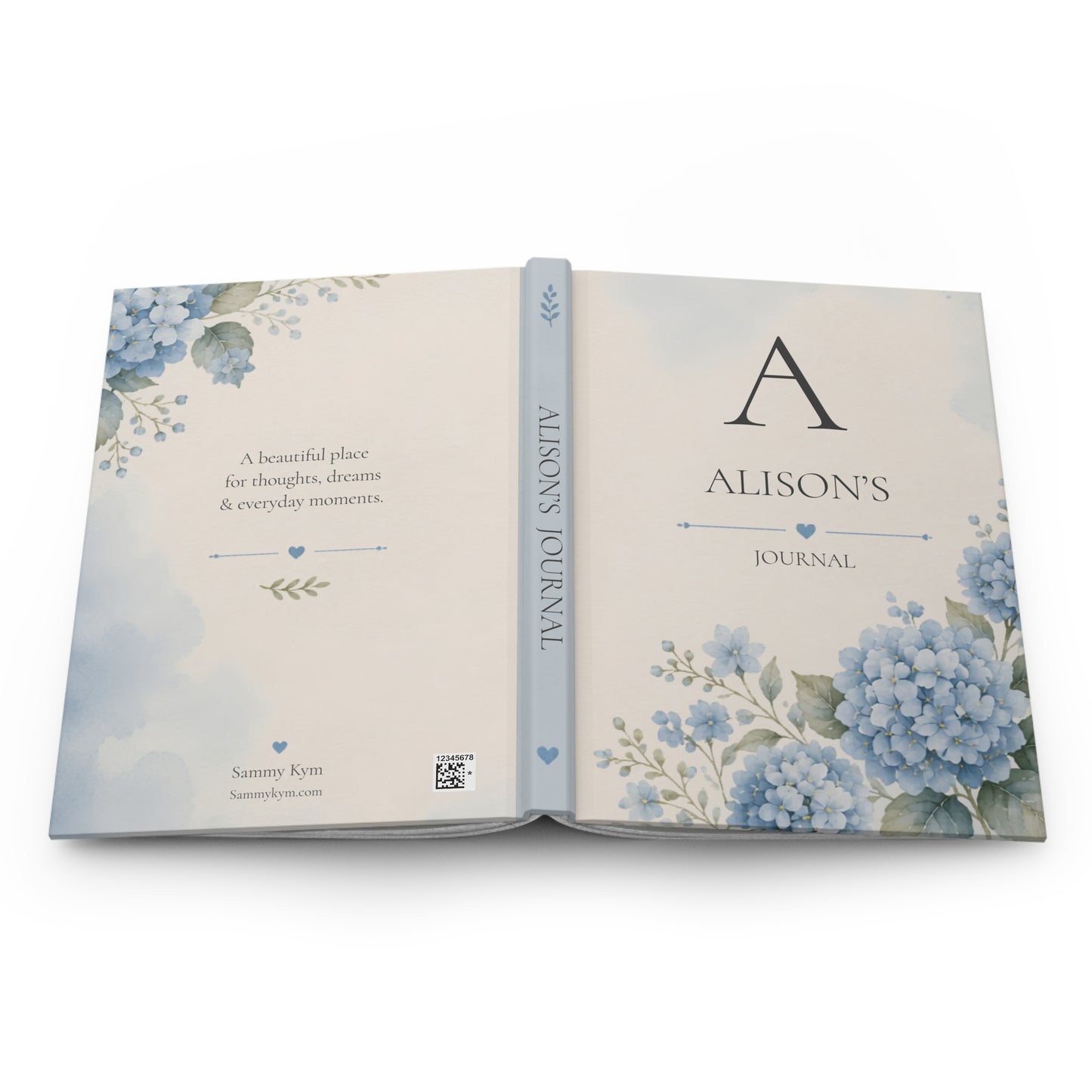 Personalized Hardcover Journal, Custom Floral Notebook, Elegant Gift for Her, Personalized Diary, Blue Hydrangea Design, Women's Stationery