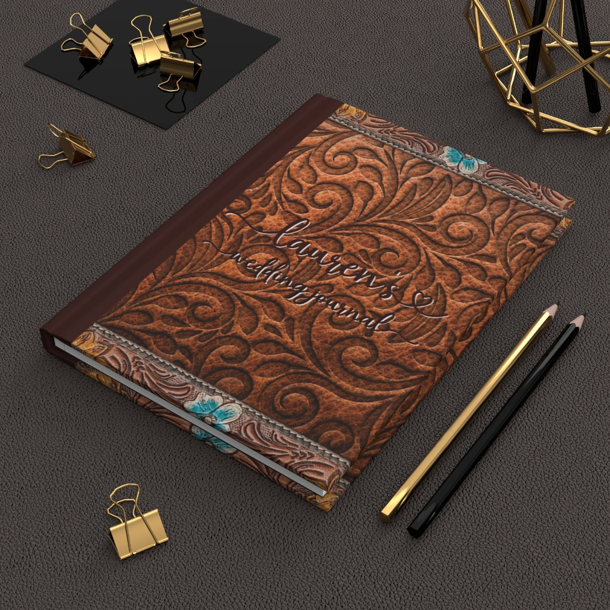 Personalized Wedding Journal, Hardcover Writing Notebook, Country Western Theme, Carved Leather Look, Gift for Bride, Unique Design  awd-1775
