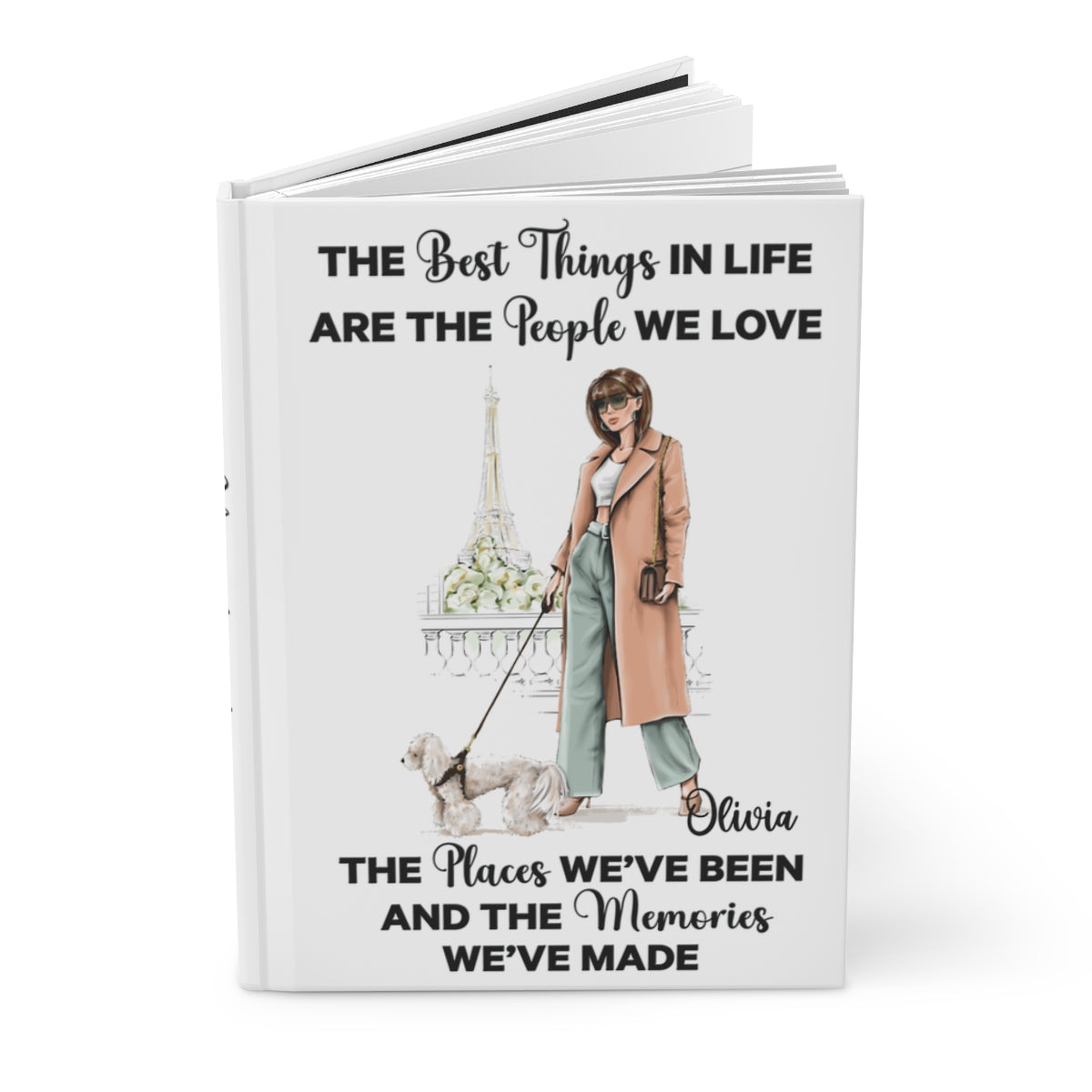 Personalized Travel Journal, Hardcover Matte, Parisian Style, Brunette Woman with Poodle, Stylish Personalized Gift