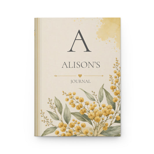 Personalized Hardcover Journal, Customizable Matte Notebook, Gift for Writers, Golden Wattle Floral Design Diary, Stationary Gift