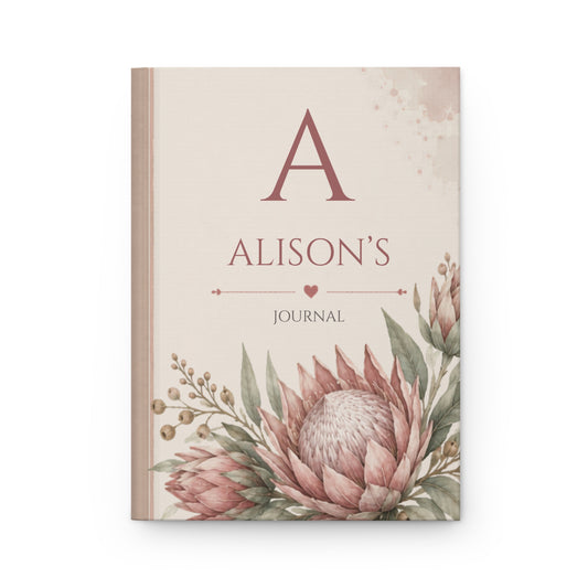 Personalized Australian Protea Floral Journal, Custom Name Diary, Elegant Matte Hardcover Notebook, Aesthetic Gift for Her, Inspirational Writing Book
