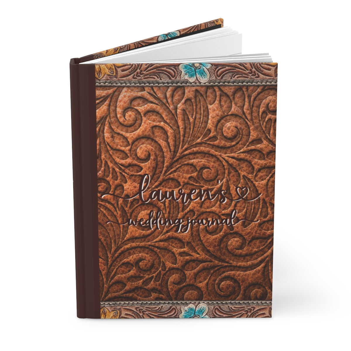 Personalized Wedding Journal, Hardcover Writing Notebook, Country Western Theme, Carved Leather Look, Gift for Bride, Unique Design  awd-1775