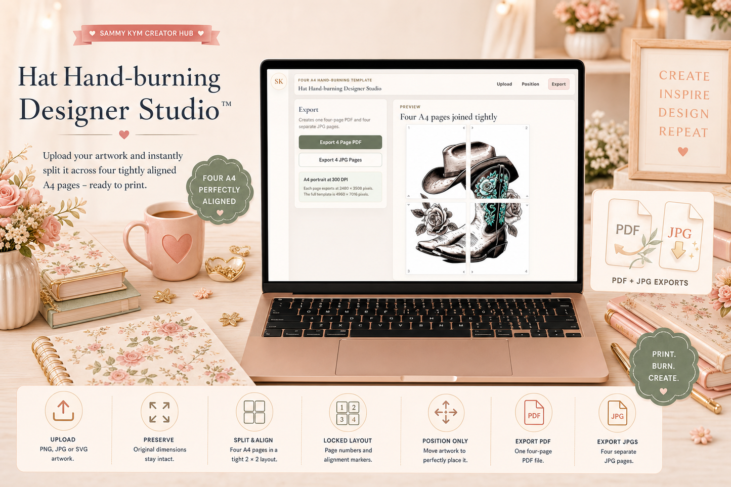 Hat Hand-burning Designer Studio to create and export A4 Print Templates (Web App)