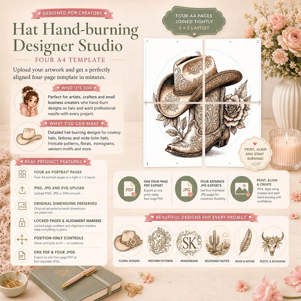Hat Hand-burning Designer Studio to create and export A4 Print Templates (Web App)
