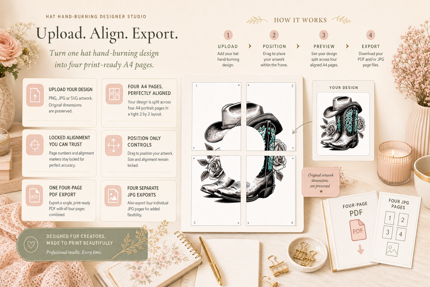 Hat Hand-burning Designer Studio to create and export A4 Print Templates (Web App)