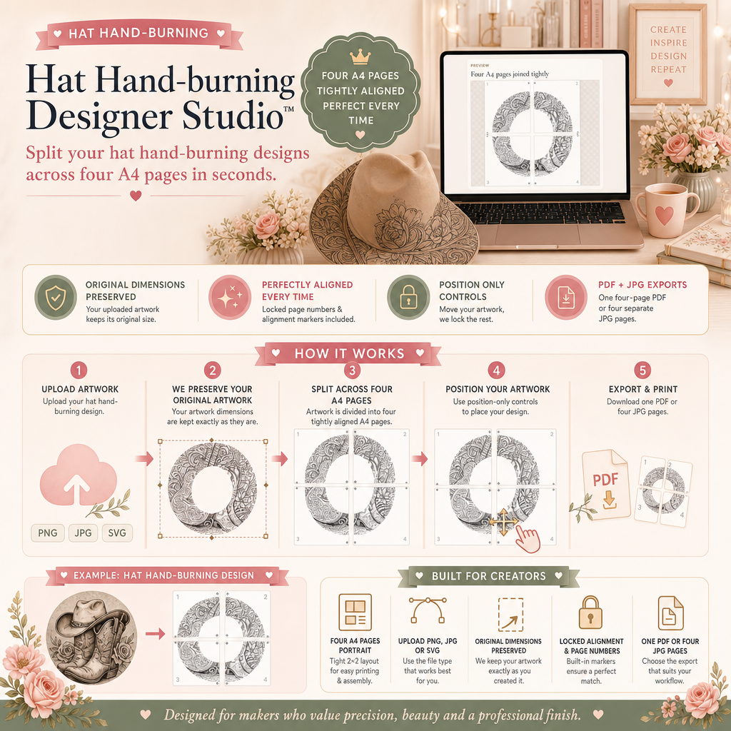 Hat Hand-burning Designer Studio to create and export A4 Print Templates (Web App)