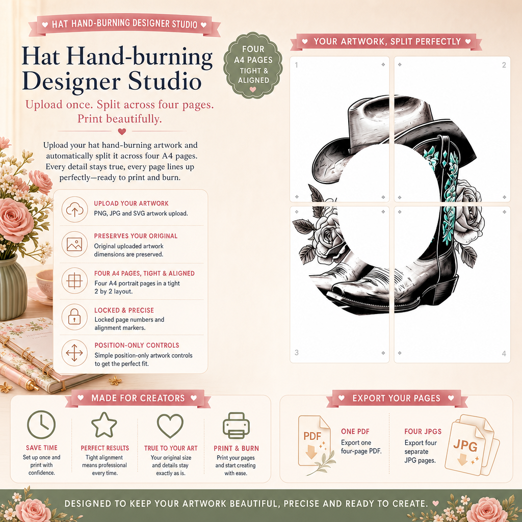 Hat Hand-burning Designer Studio to create and export A4 Print Templates (Web App)