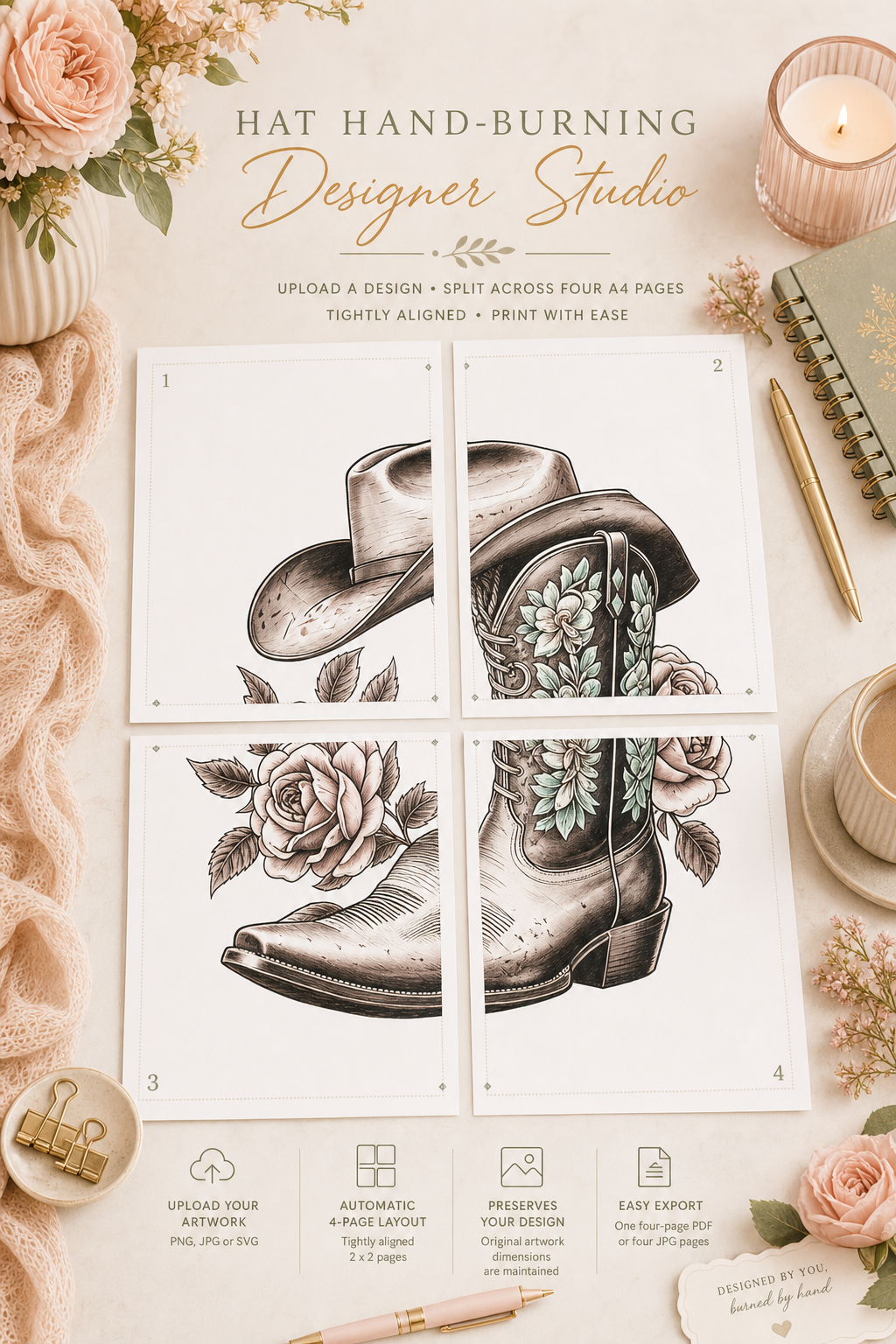 Hat Hand-burning Designer Studio to create and export A4 Print Templates (Web App)