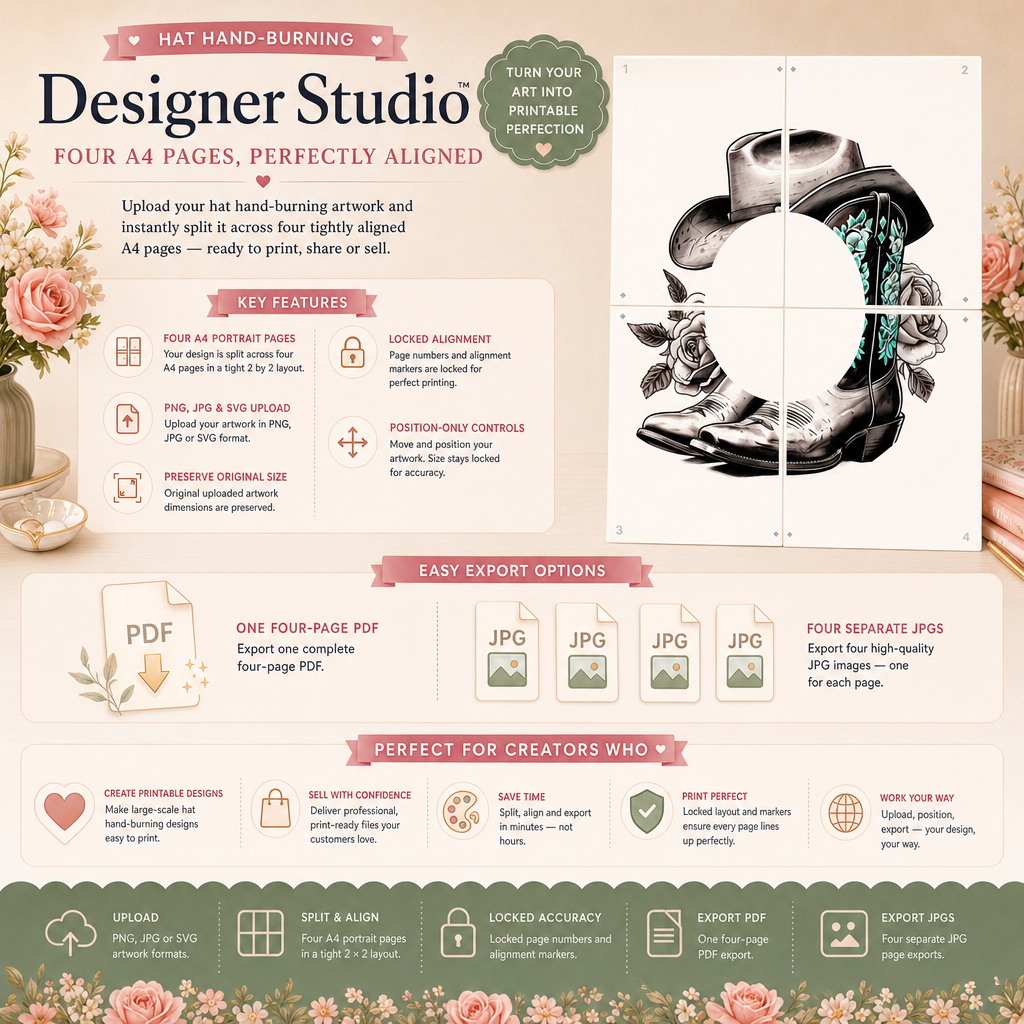 Hat Hand-burning Designer Studio to create and export A4 Print Templates (Web App)