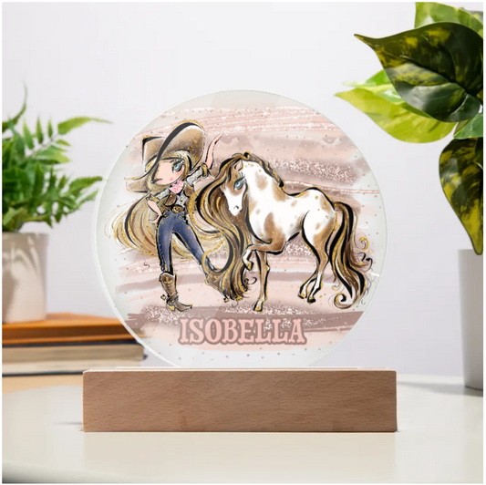 Personalised Round Acrylic Howdy Cowgirl and Horse, Wooden base or Night Light