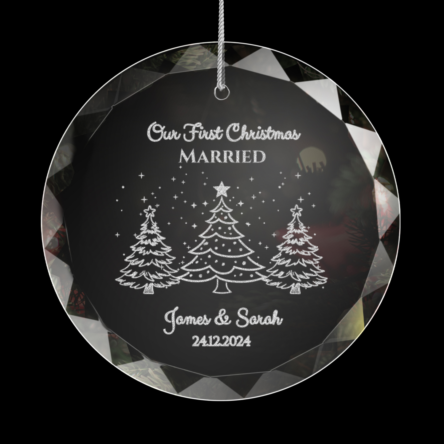 Classic Elegance Round Glass Engraved Premium Our First Christmas Married/Engaged Ornament