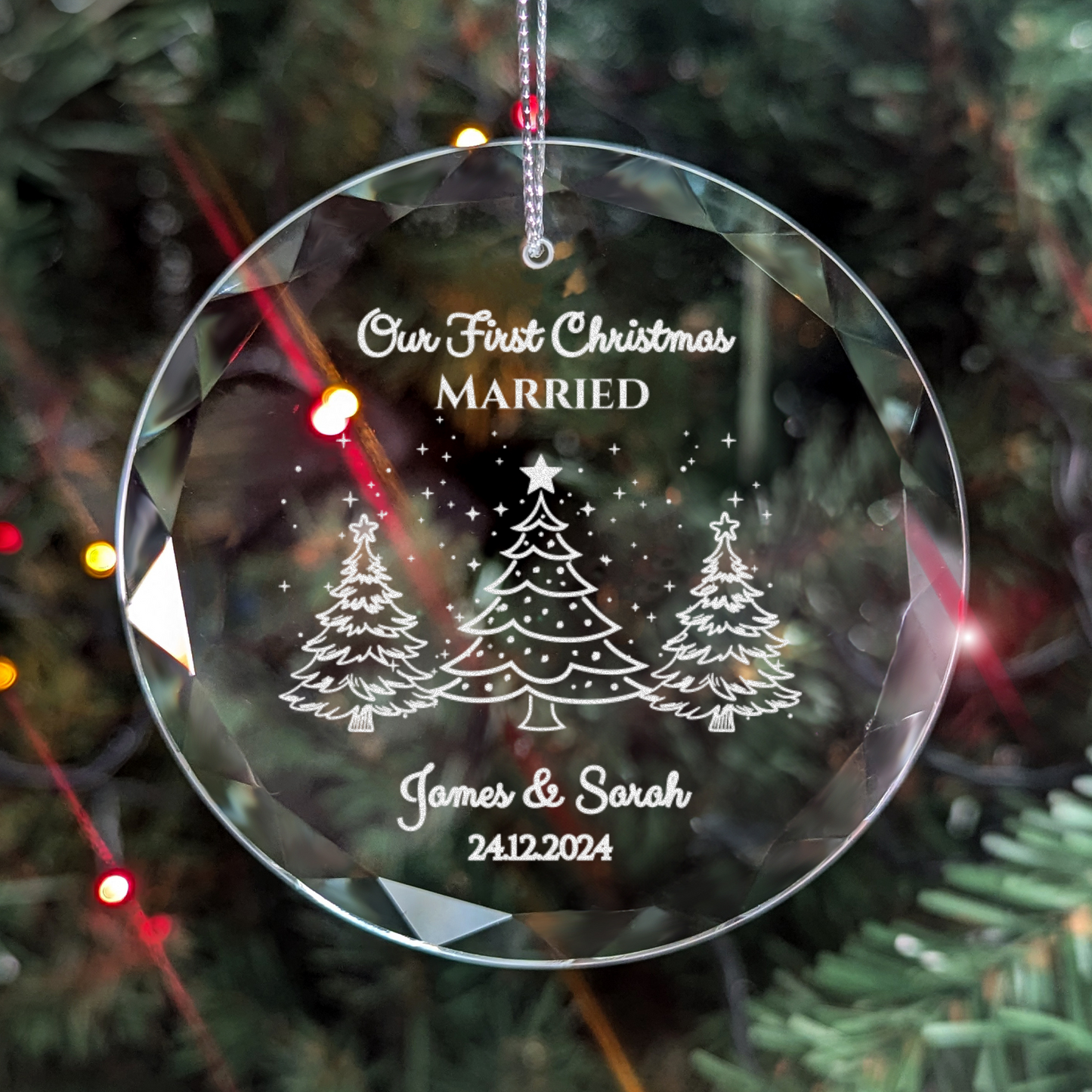 Classic Elegance Round Glass Engraved Premium Our First Christmas Married/Engaged Ornament