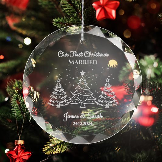 Classic Elegance Round Glass Engraved Premium Our First Christmas Married/Engaged Ornament