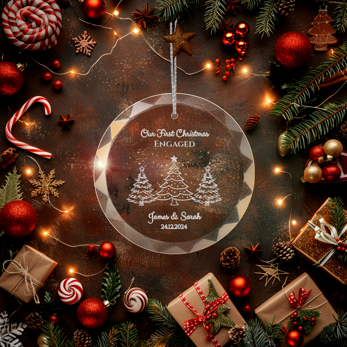 Classic Elegance Round Glass Engraved Premium Our First Christmas Married/Engaged Ornament